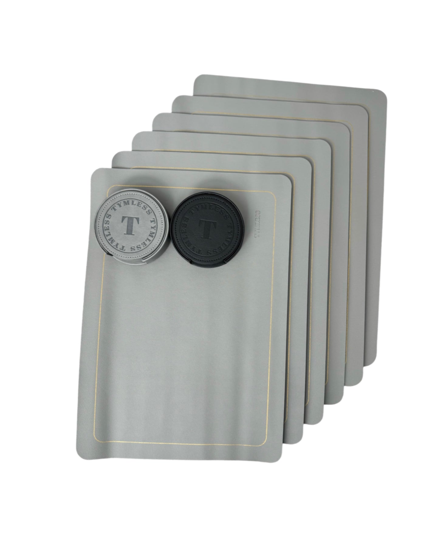Set of 6 heat-resistant placemats with yellow border and 2 coasters.