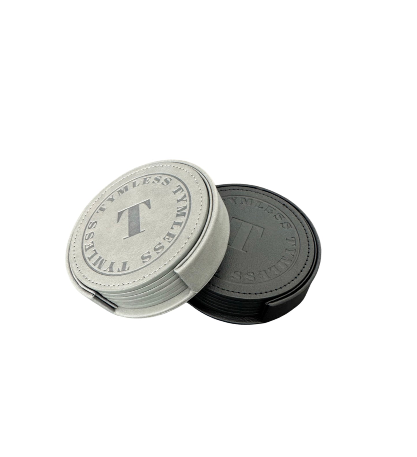 Two coasters in black and silver with 'T' branding.