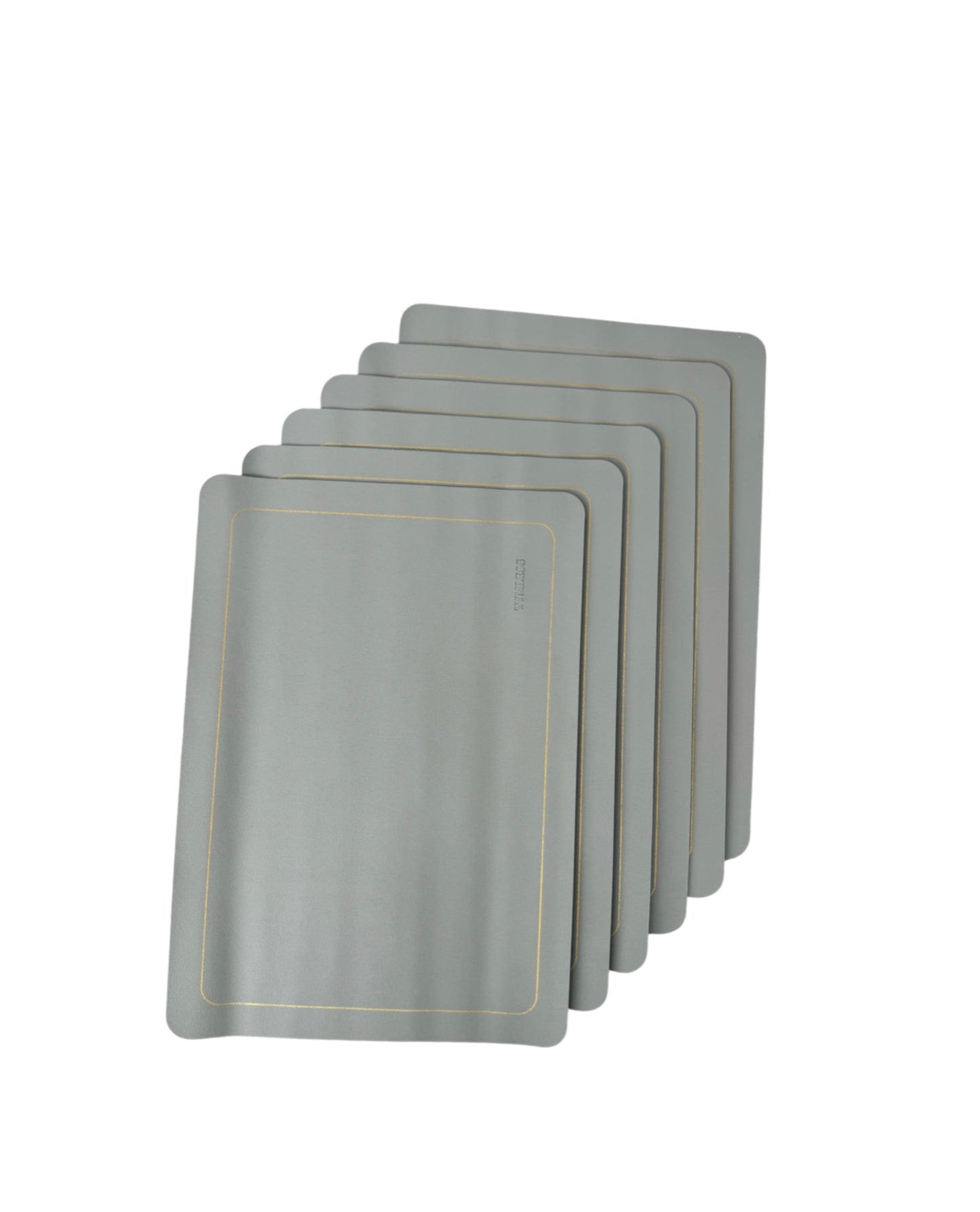 Set of 6 heat-resistant placemats with yellow border.