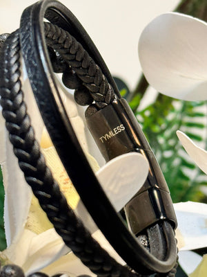 Leather Layered Tigers Eye Bead Bracelet - Lava Rock Stone Jewelry For Women And Men - TYMLESS