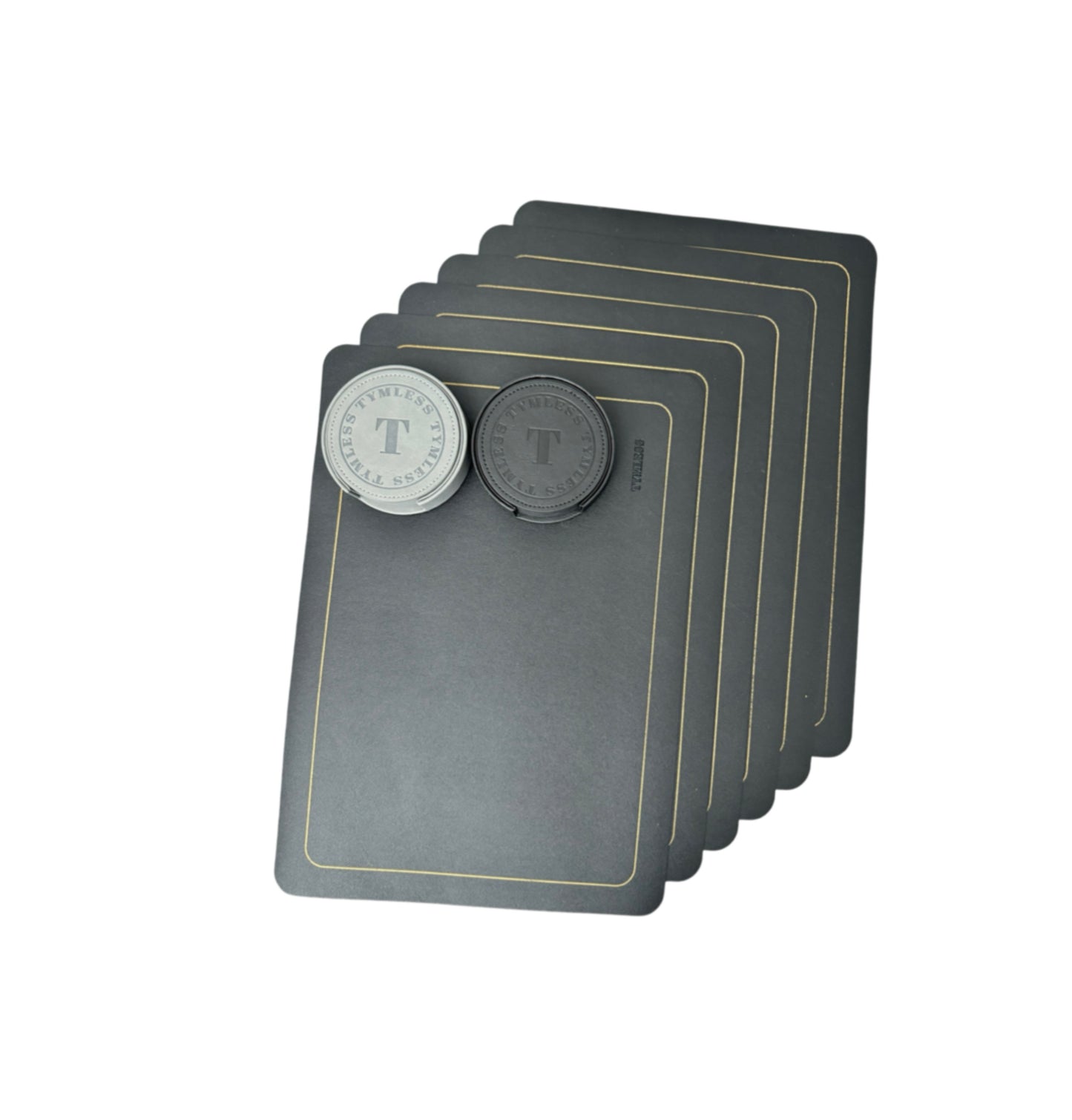 Set of 6 heat-resistant placemats with yellow border and 2 coasters.