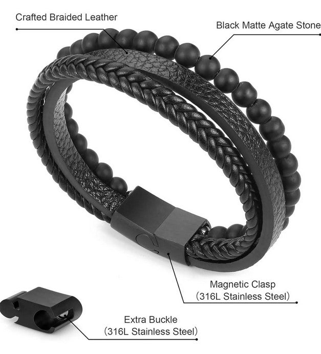 Leather Layered Tigers Eye Bead Bracelet - Lava Rock Stone Jewelry For Women And Men - TYMLESS